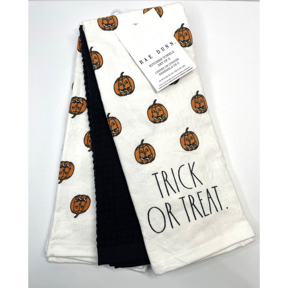 Rae Dunn-Kitchen Towels TRICK OR TREAT, JACK O' LANTERN HALLOWEEN Set of 3
